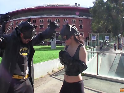 Catwoman swallows masked dude's cum after a masked fetish fuck